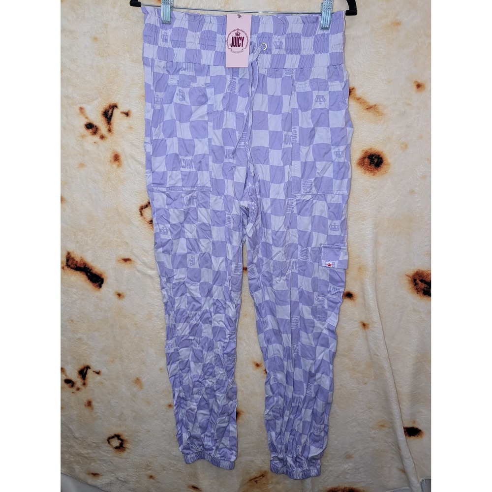 Juicy Couture Cargo Joggers Womens Size M Purple Checkered Y2K Streetwear Pants